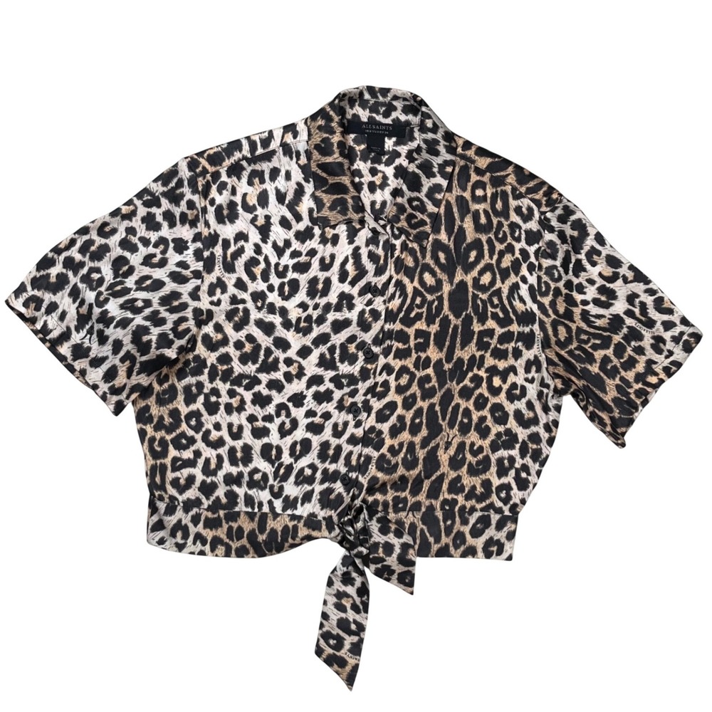 AllSaints Leni Leppo Shirt Women 2 Brown Leopard Print Tie Front Cropped Top